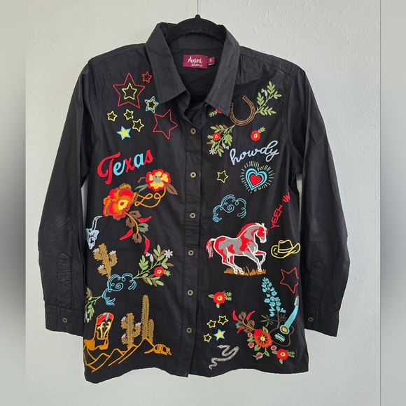 Avani Tops - Avani Texas Western Rodeo Embroidered Black Button-Dow Top Size Small